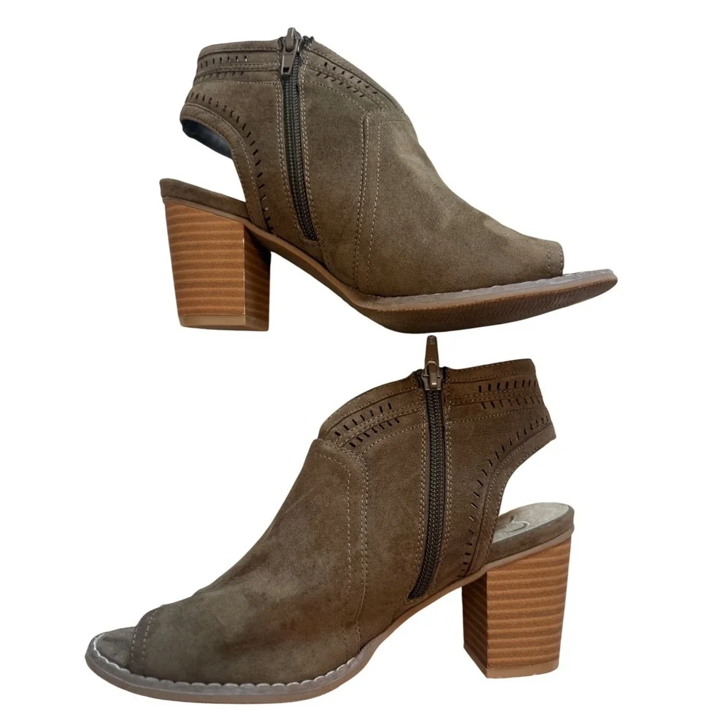 Madeline Womens Size 7 Olive Taupe Faux Suede Peep Toe Block Heel Bootie Sandals